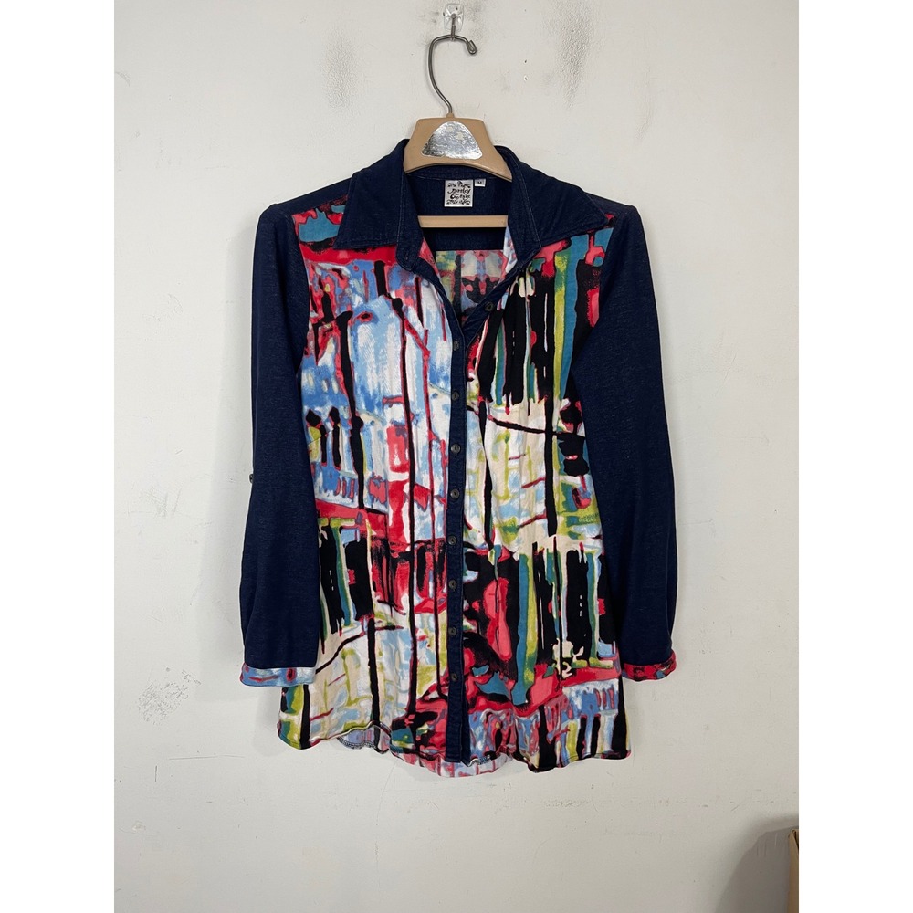 Parsley & Sage Womens Abstract Art Print Button Up Tunic Shirt Navy Blue Medium
